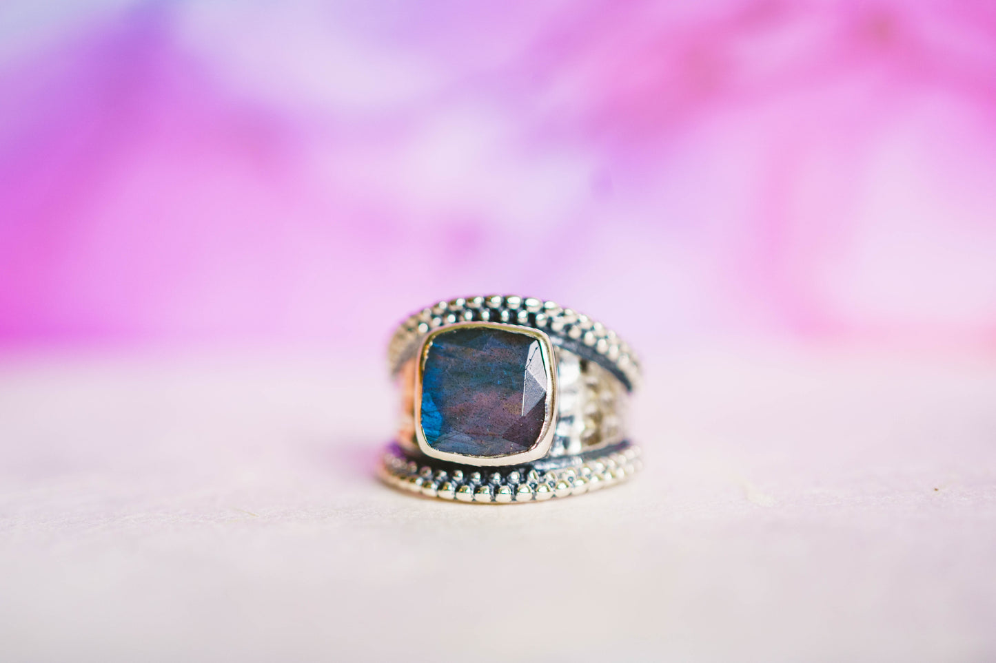 Sterling Silver Square Gemstone Hammered Rings