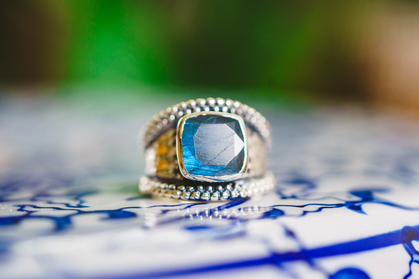 Sterling Silver Square Gemstone Hammered Rings