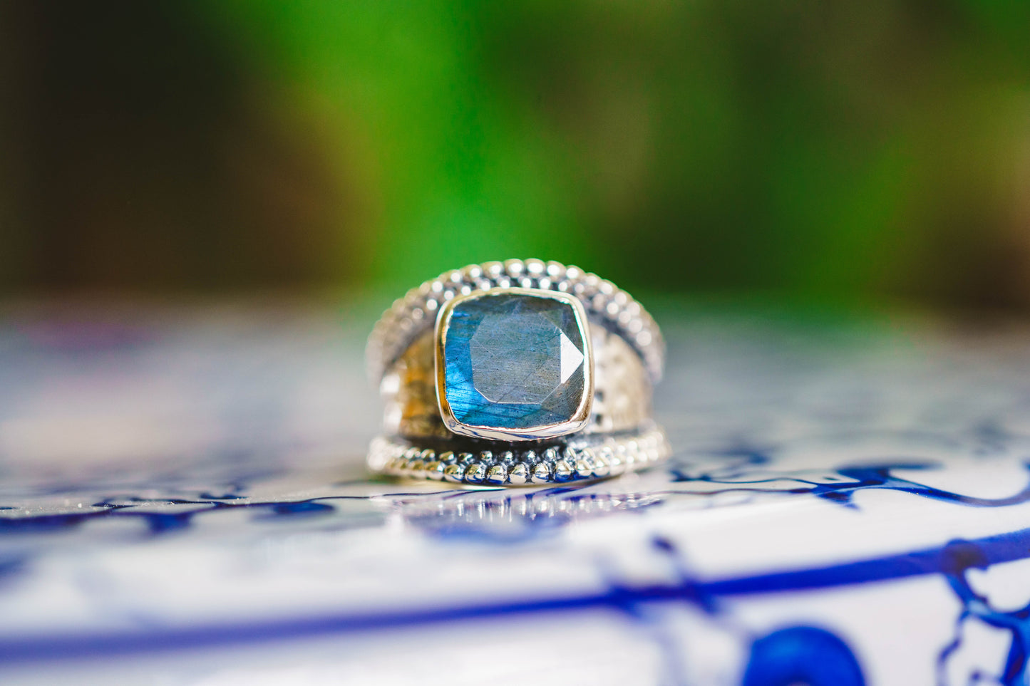 Sterling Silver Square Gemstone Hammered Rings