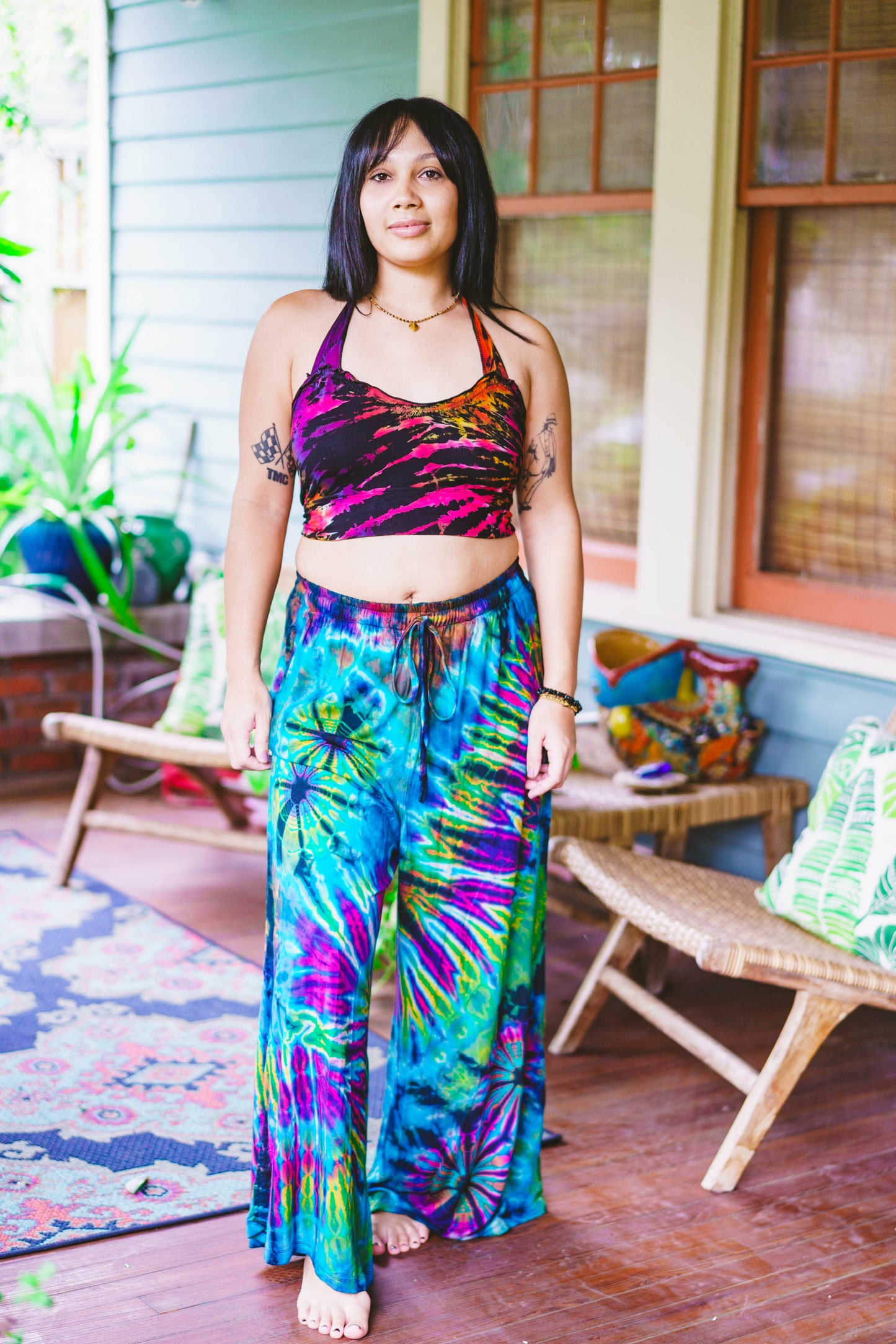 Tie Dyed Rainbow Ruffle Tie Back Top