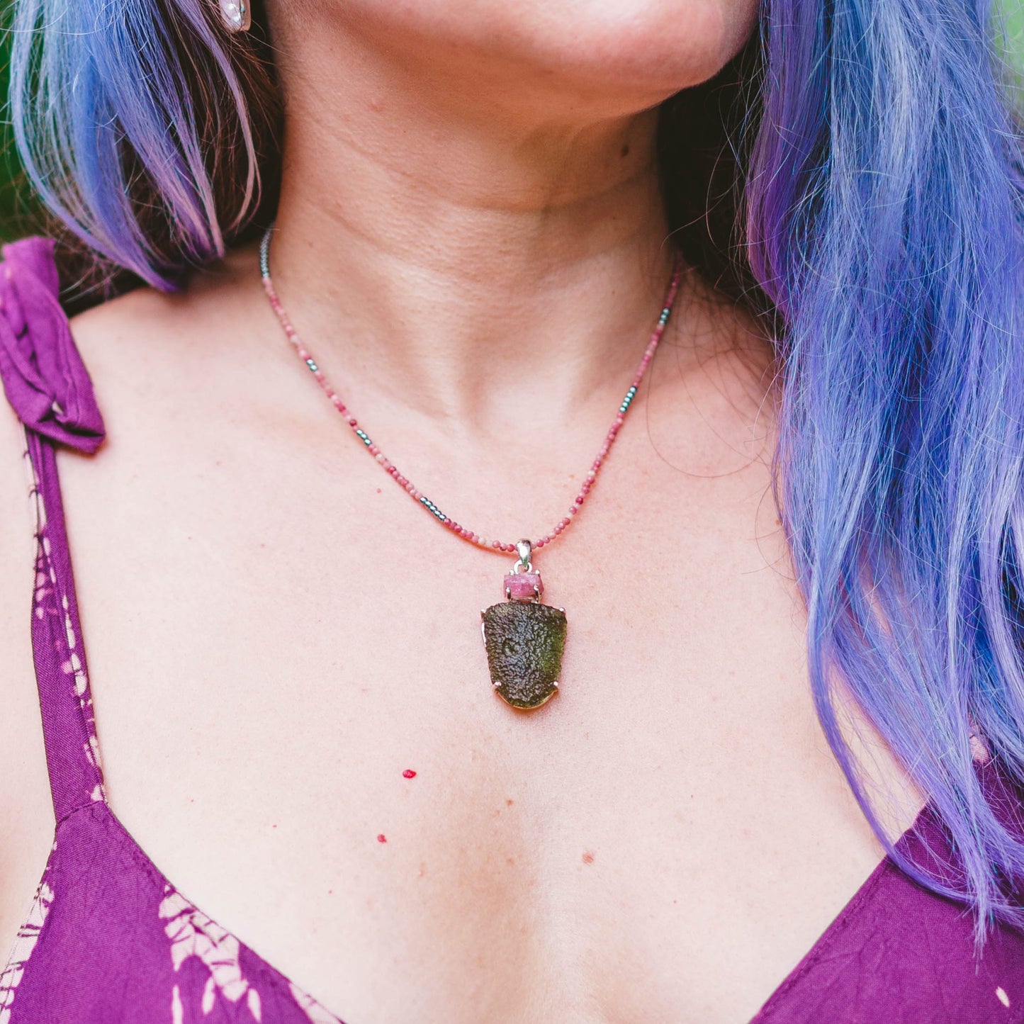 Sterling Silver Raw Moldavite with Pink Tourmaline Pendants
