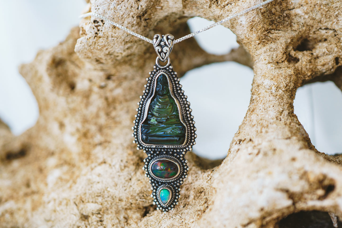 Buddha Moldavite & Opal Pendants