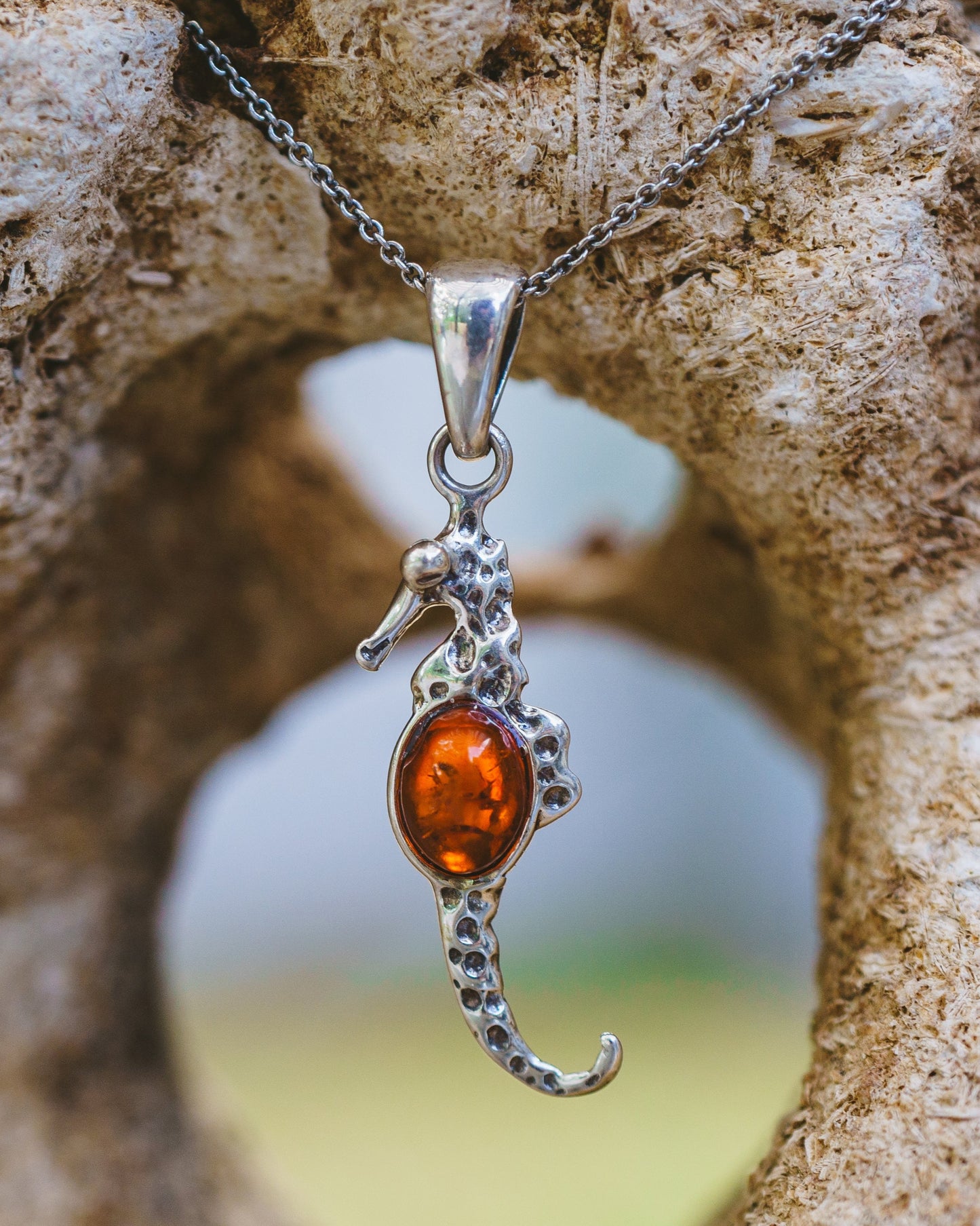 Sterling Silver Amber Seahorse Pendant