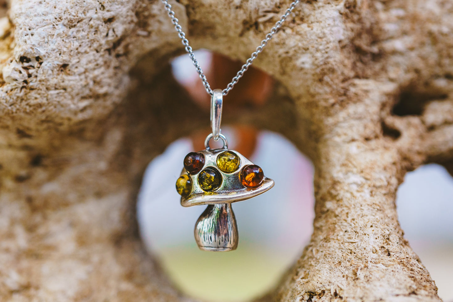 Sterling Silver Amber Mushroom Pendant