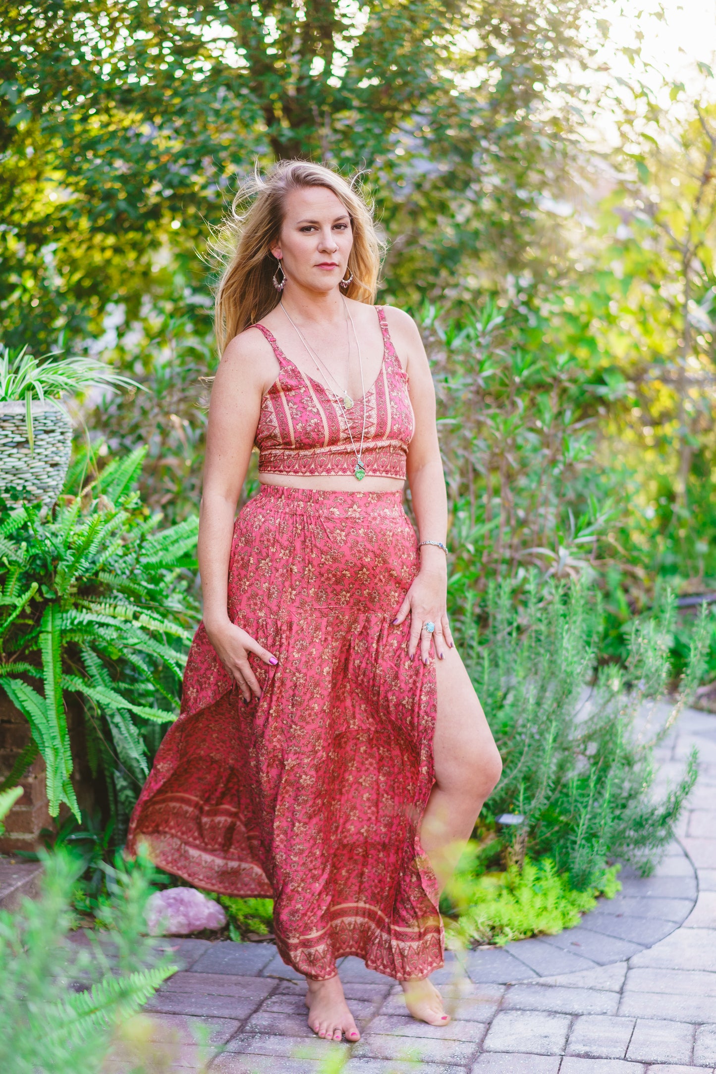 Floral Spaghetti Strap Top & Slit Skirt Set