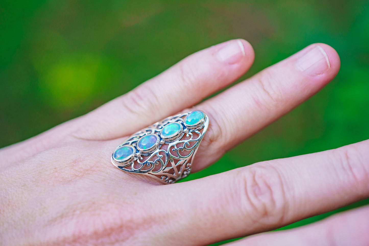 Sterling Silver Opal Filigree Ring