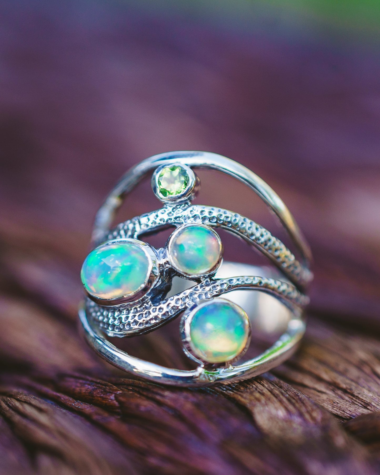 Sterling Silver Opal & Peridot Wave Ring
