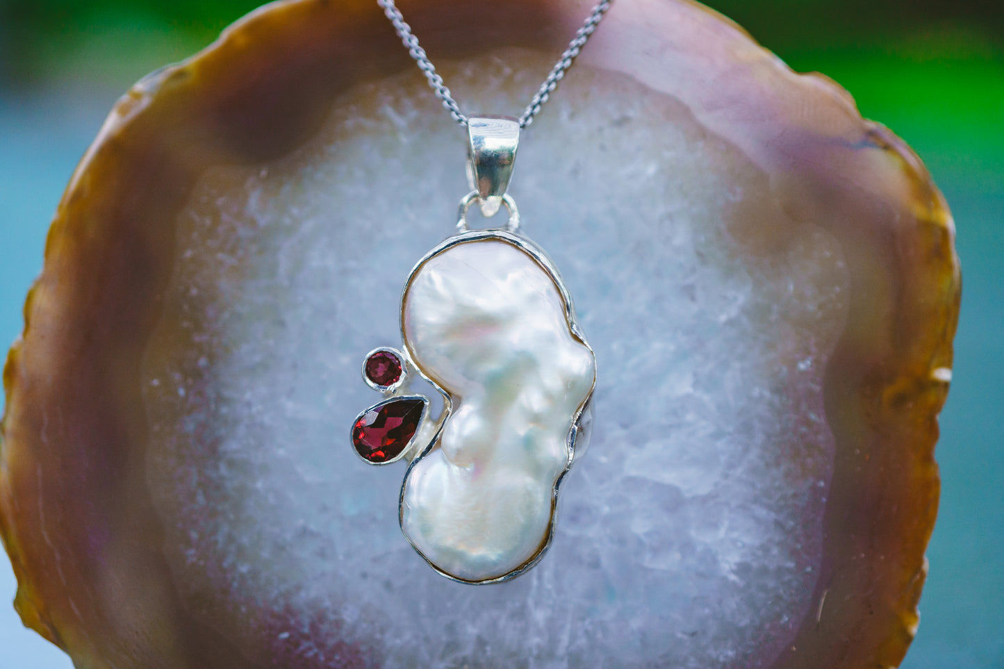 Sterling Silver Pearl & Garnet Pendants