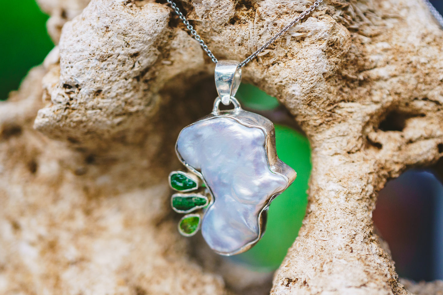 Silver Pearl, Peridot & Green Kyanite Pendants