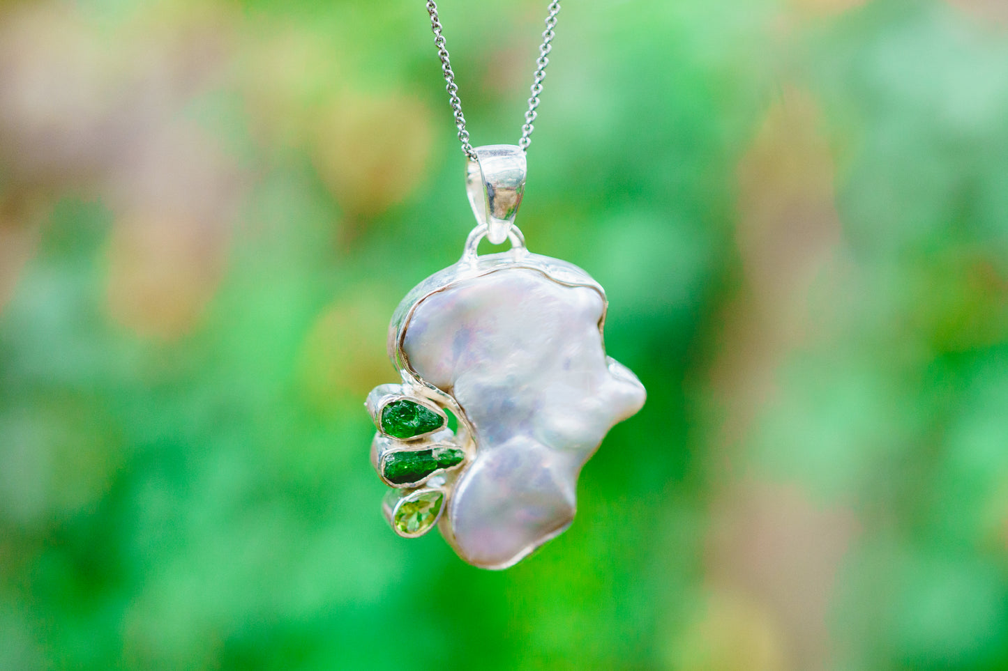 Silver Pearl, Peridot & Green Kyanite Pendants