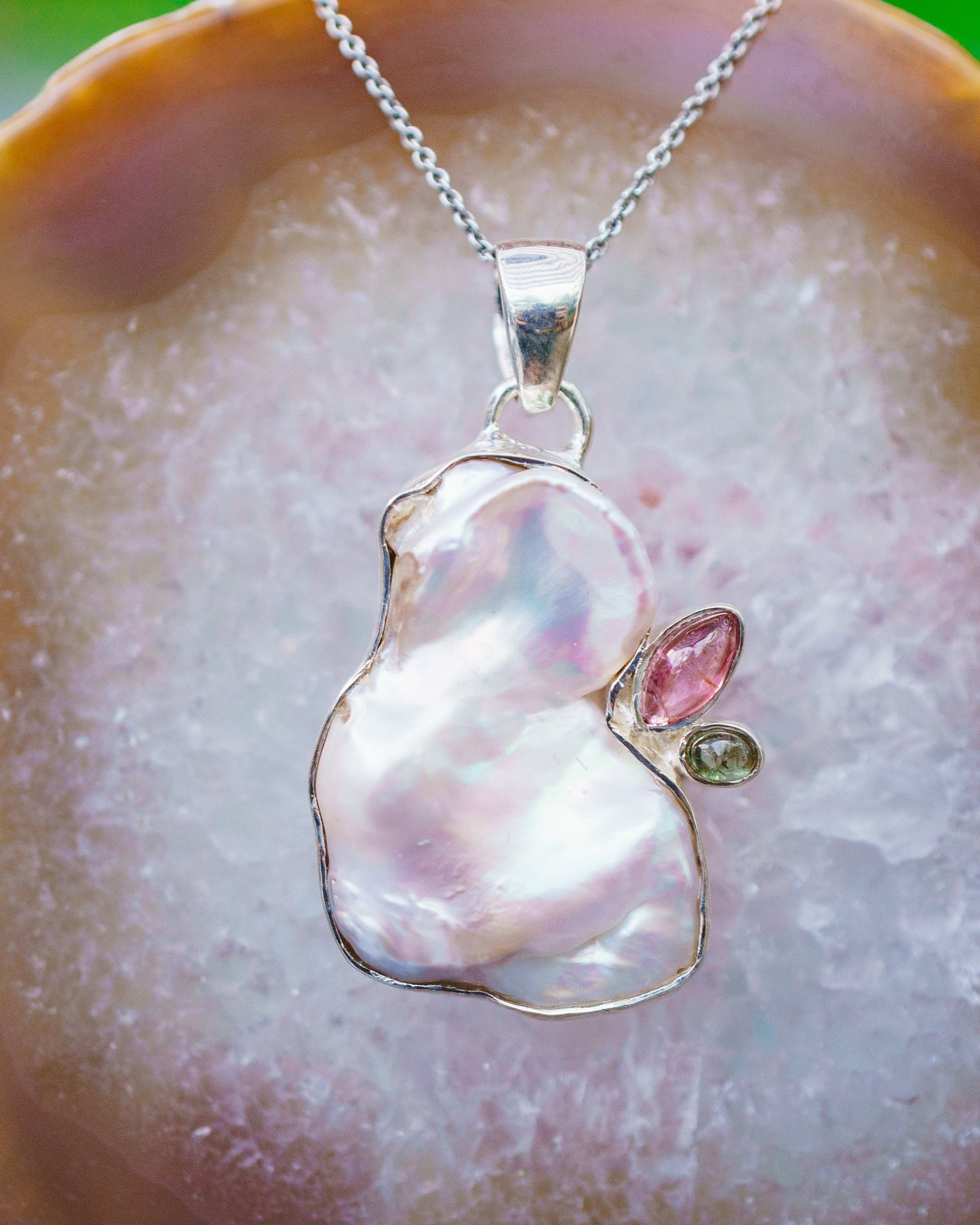 Sterling Silver Pearl & Tourmaline Pendants