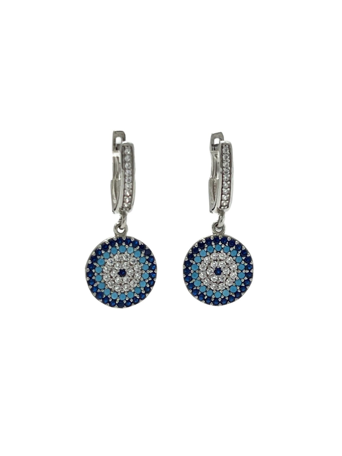 Silver Evil Eye Flat Dangle Earrings