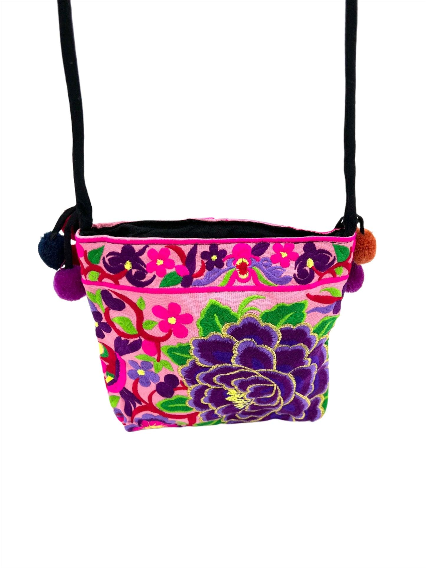Embroidered Lotus Crossbody Bags w/ Pompoms