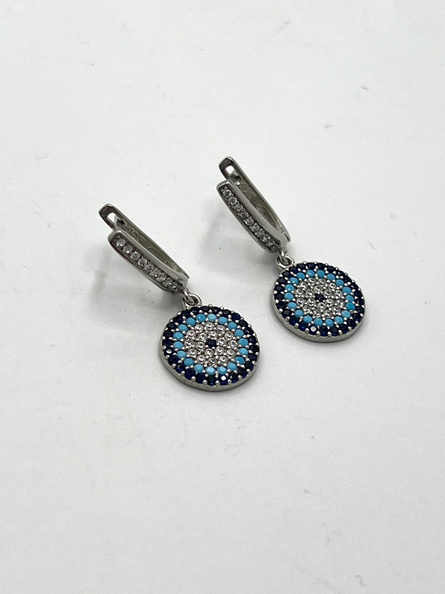 Silver Evil Eye Flat Dangle Earrings