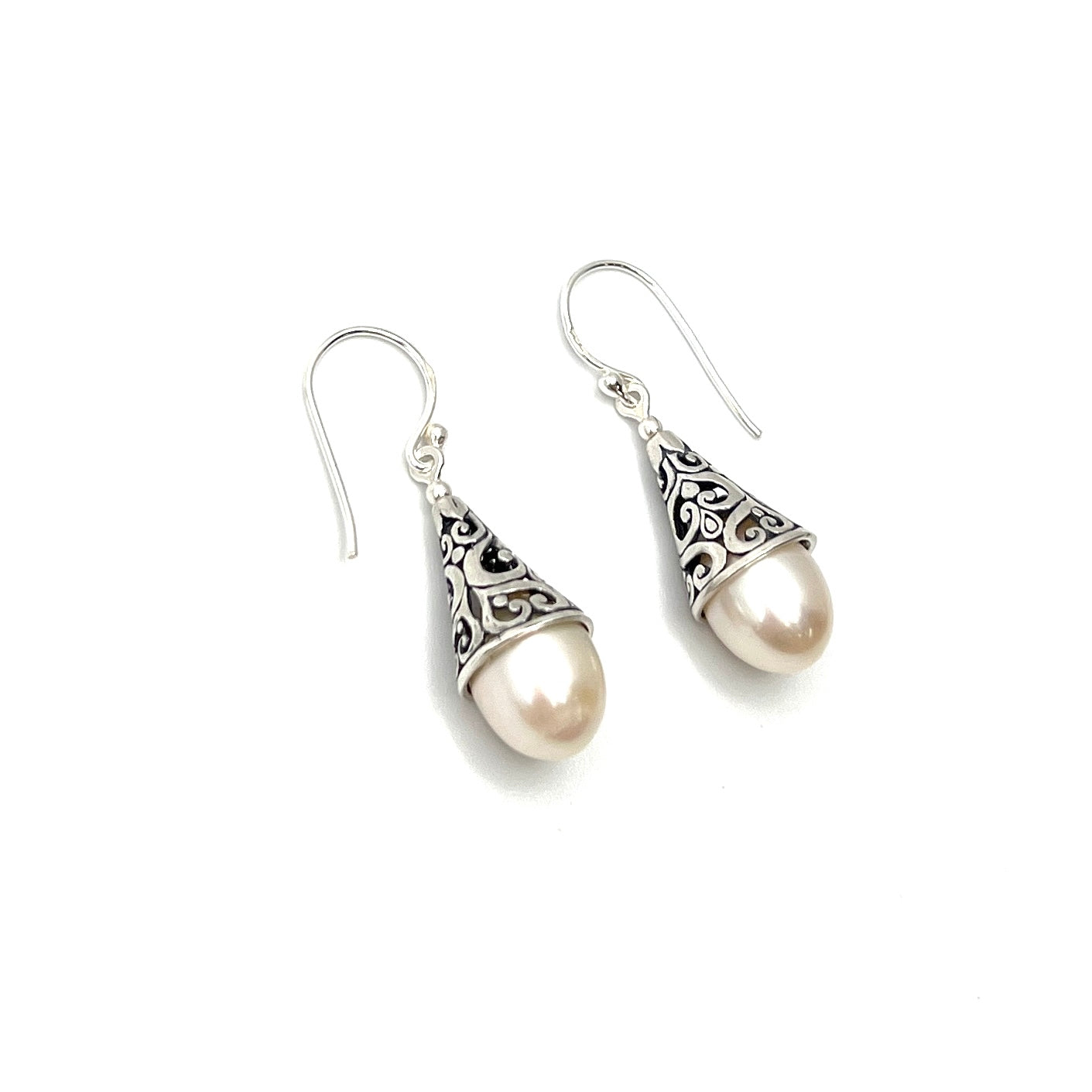 Sterling Silver Filigree Drop Pearl Earrings