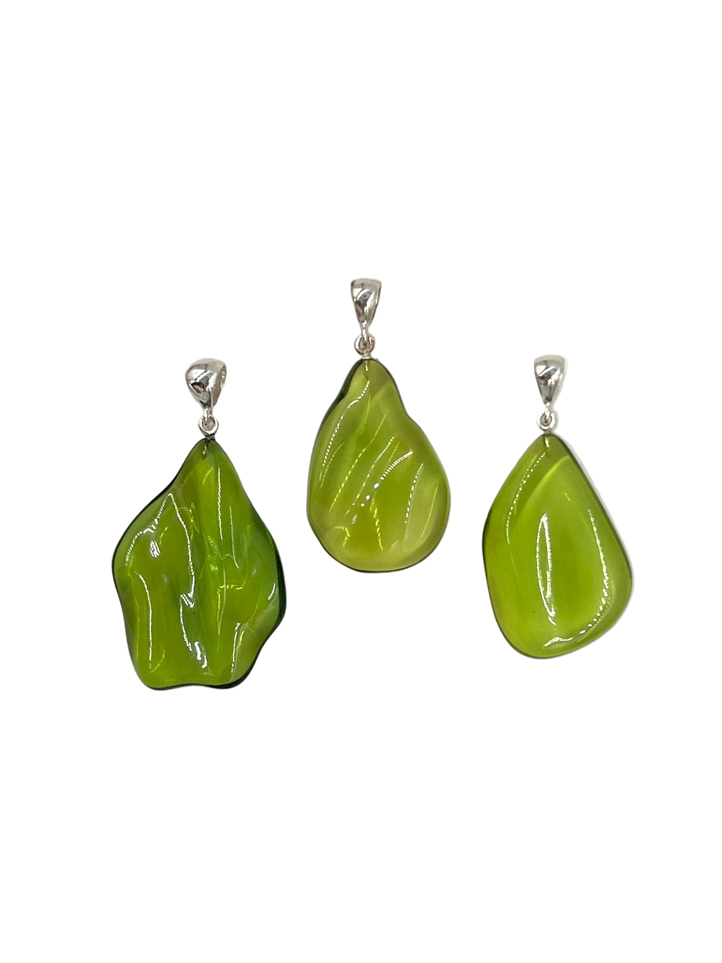 Silver Green Amber Freeform Pendants