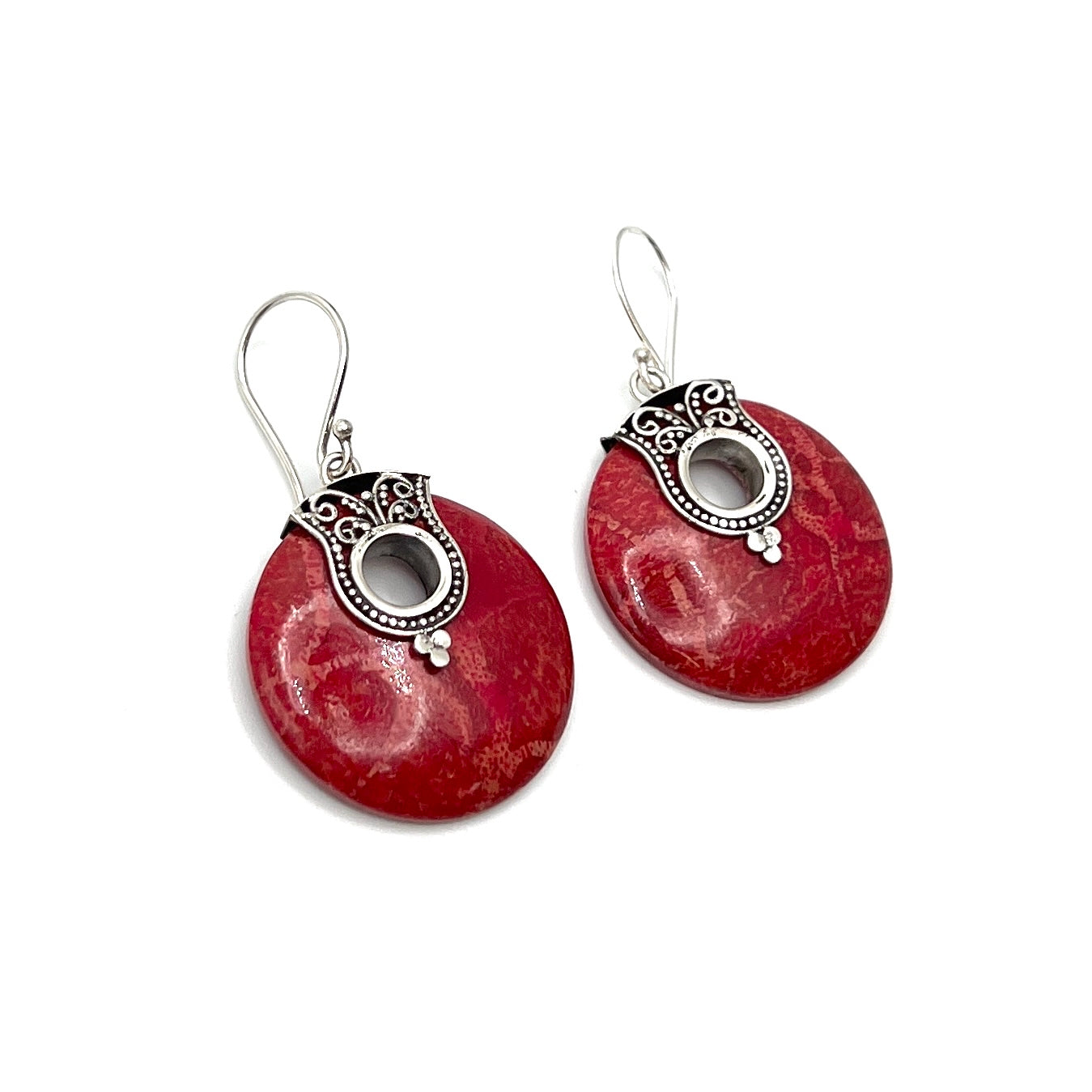 Sterling Silver Red Coral Circle Earrings