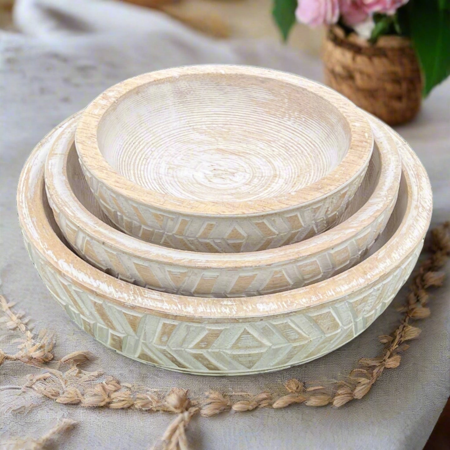 Geometric Wood carved bowls 3 sets