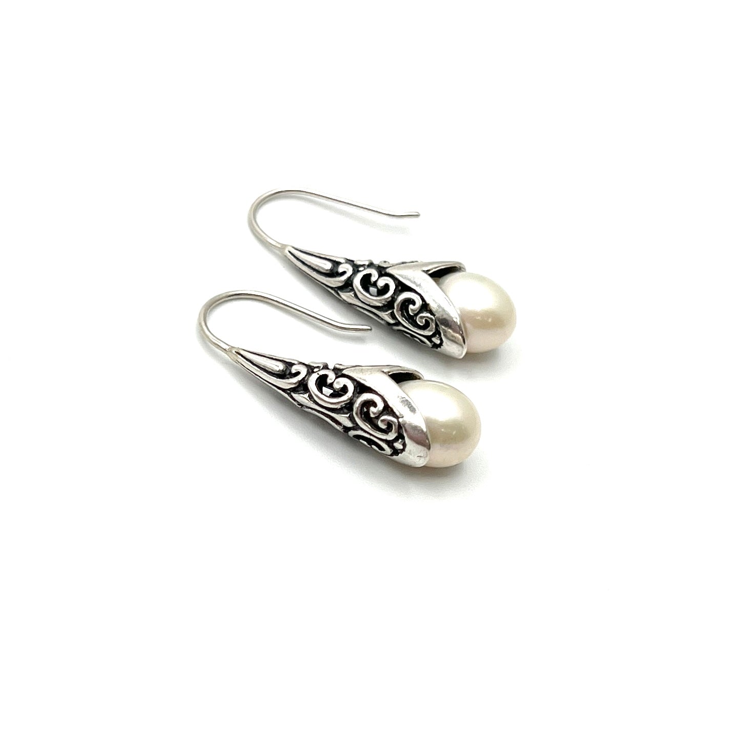Sterling Silver Filigree Drop Pearl Earrings