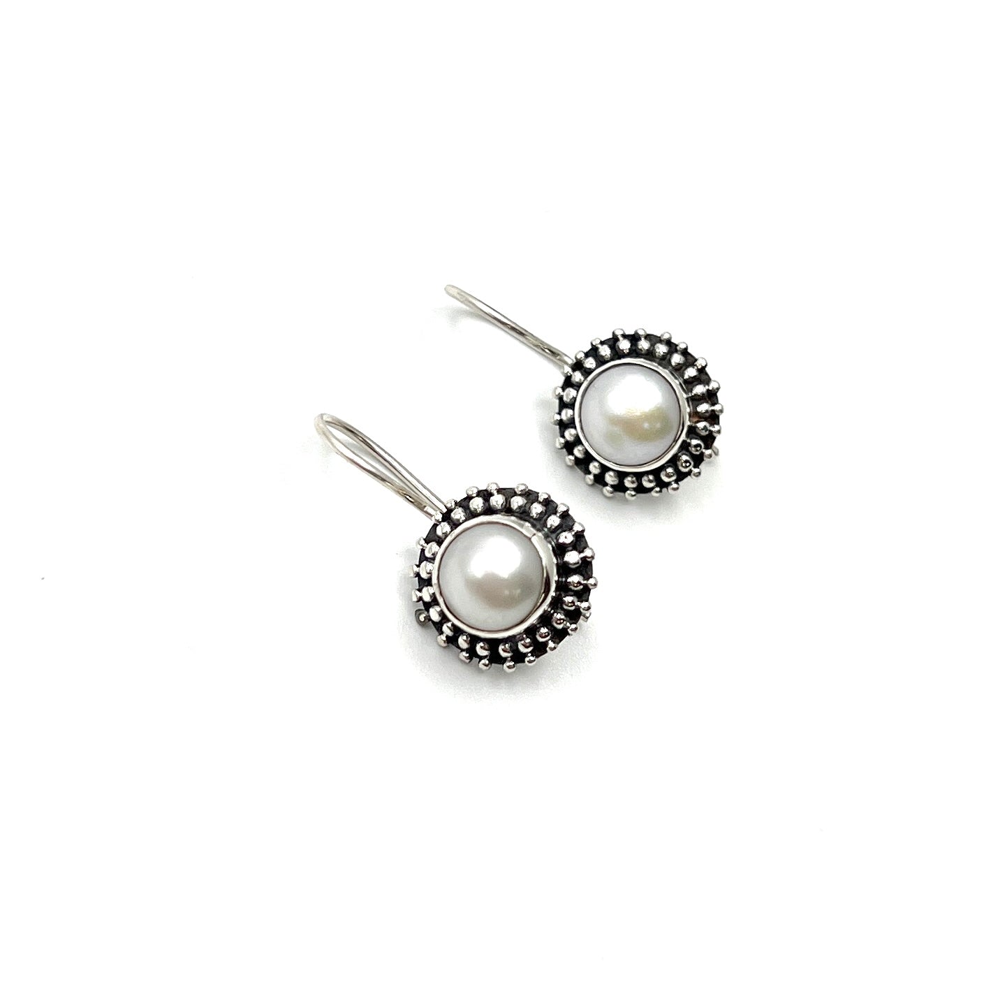 Sterling Silver Filigree Round Pearl Earrings