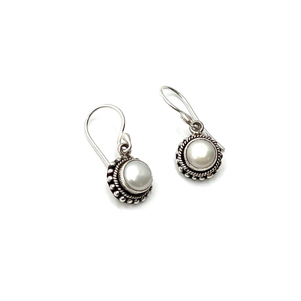 Sterling Silver Filigree Round Pearl Earrings