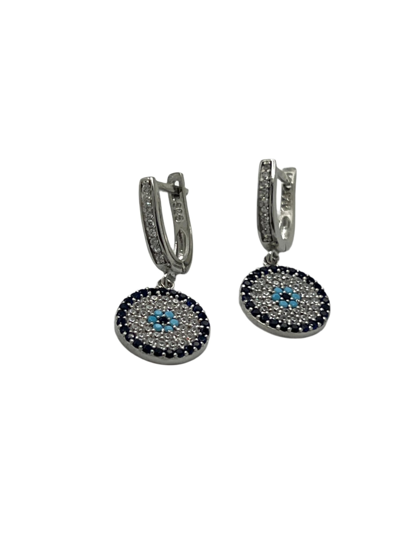 Silver Evil Eye Flat Dangle Earrings