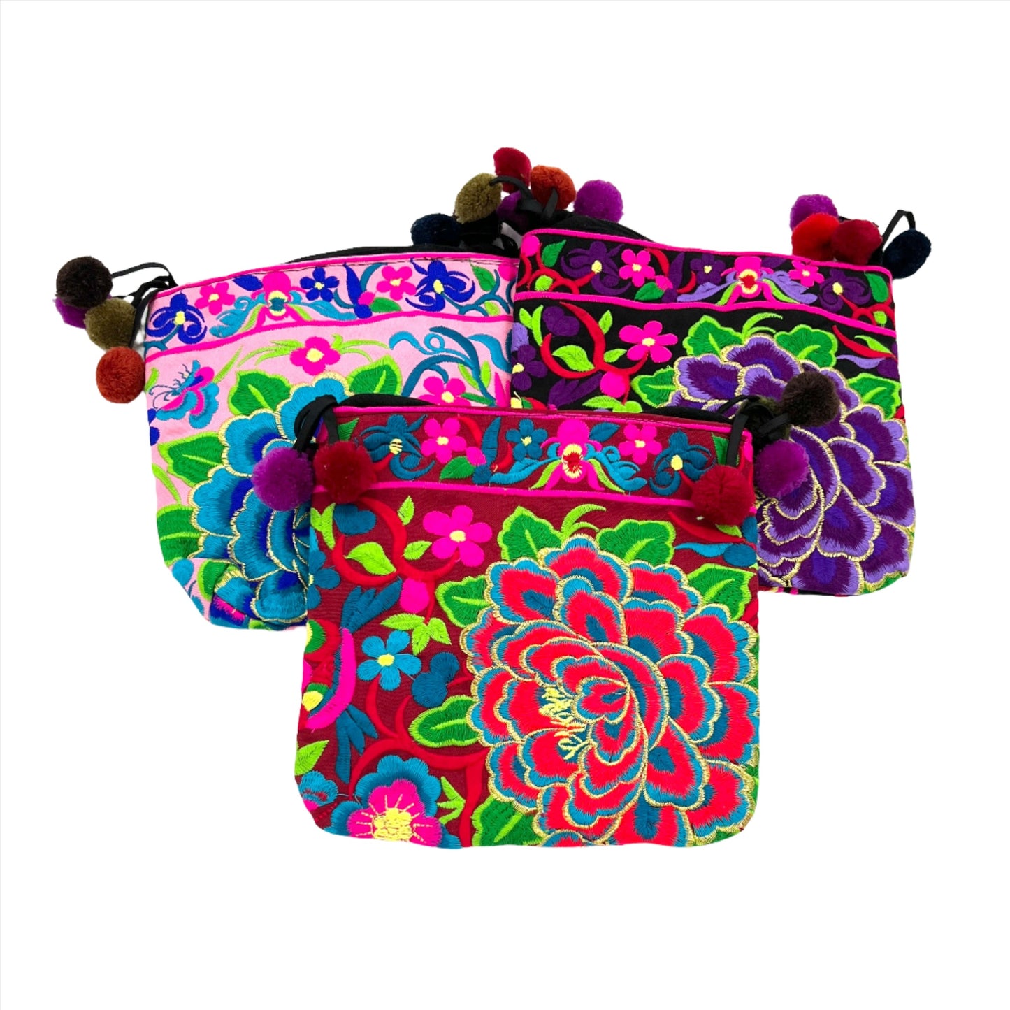 Embroidered Lotus Crossbody Bags w/ Pompoms