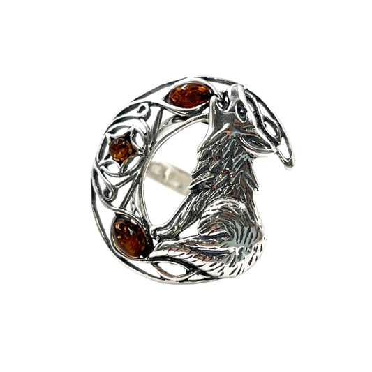 Sterling Silver Amber Wolf Howling Ring
