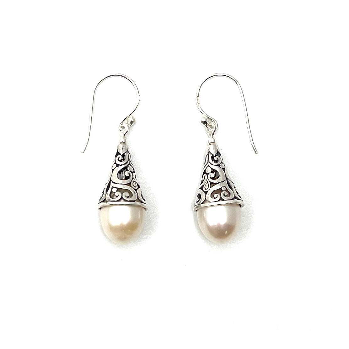 Sterling Silver Filigree Drop Pearl Earrings