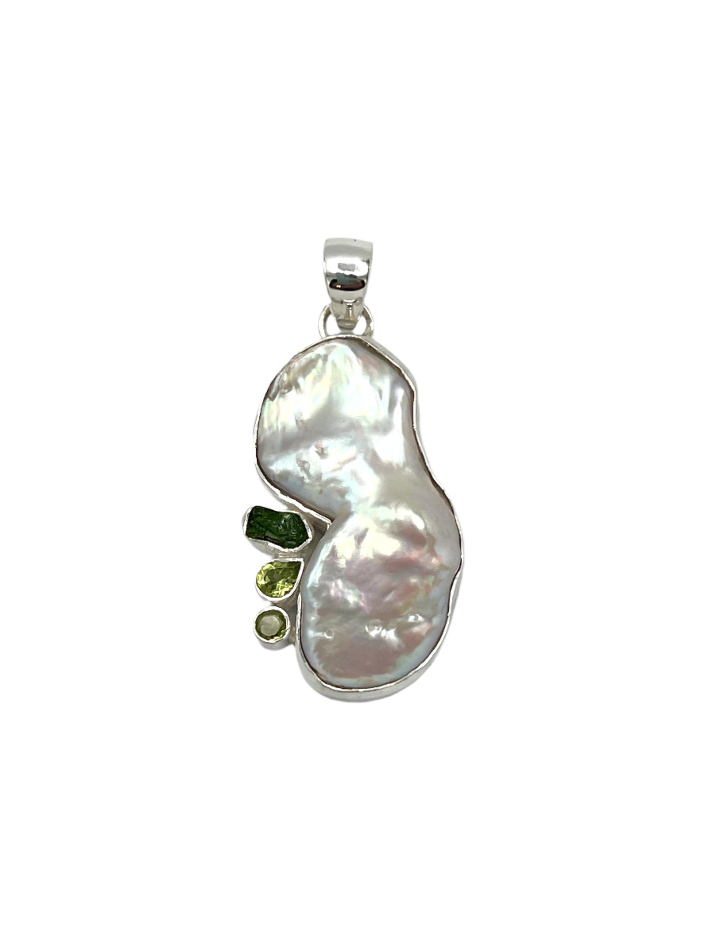 Silver Pearl, Peridot & Green Kyanite Pendants