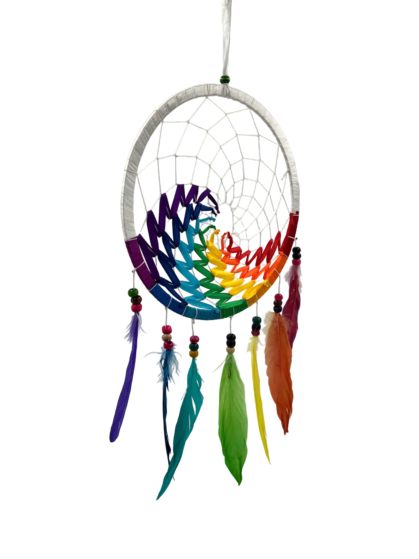 Dreamcatcher with rainbow design and colorful feathers on a white background