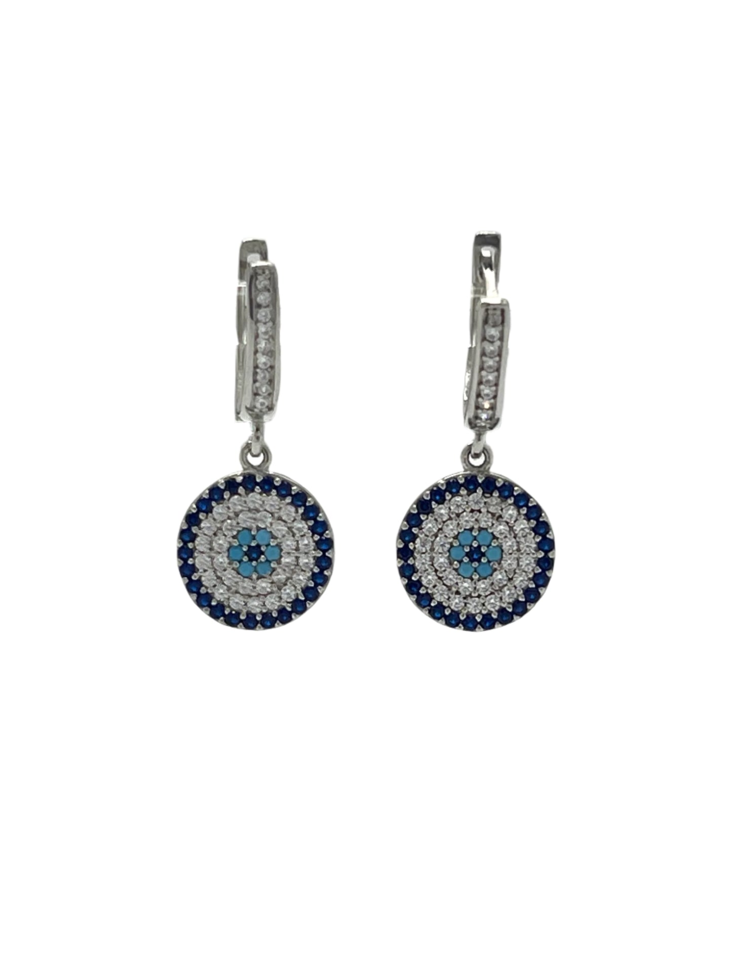 Silver Evil Eye Flat Dangle Earrings