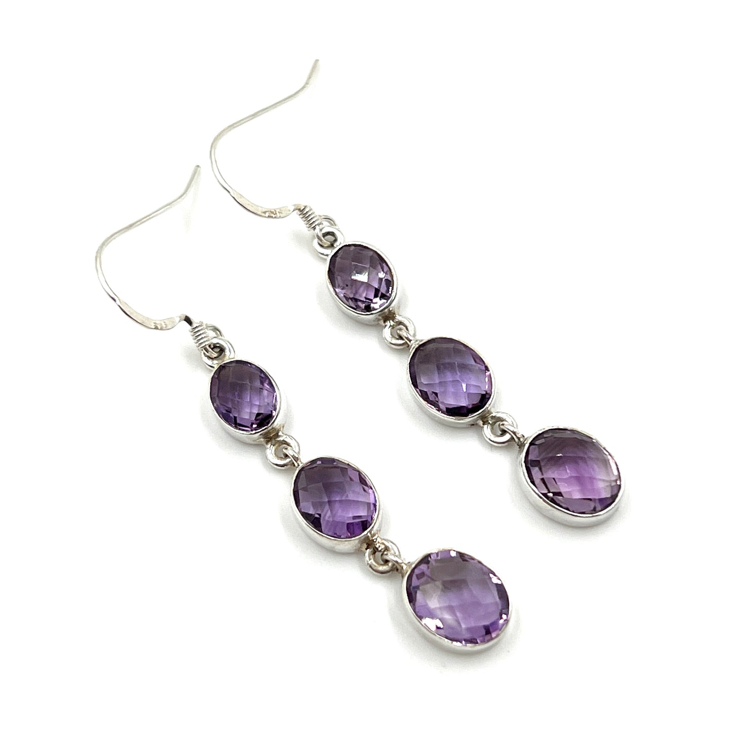 Sterling Silver Faceted Triple Amethyst Earrings