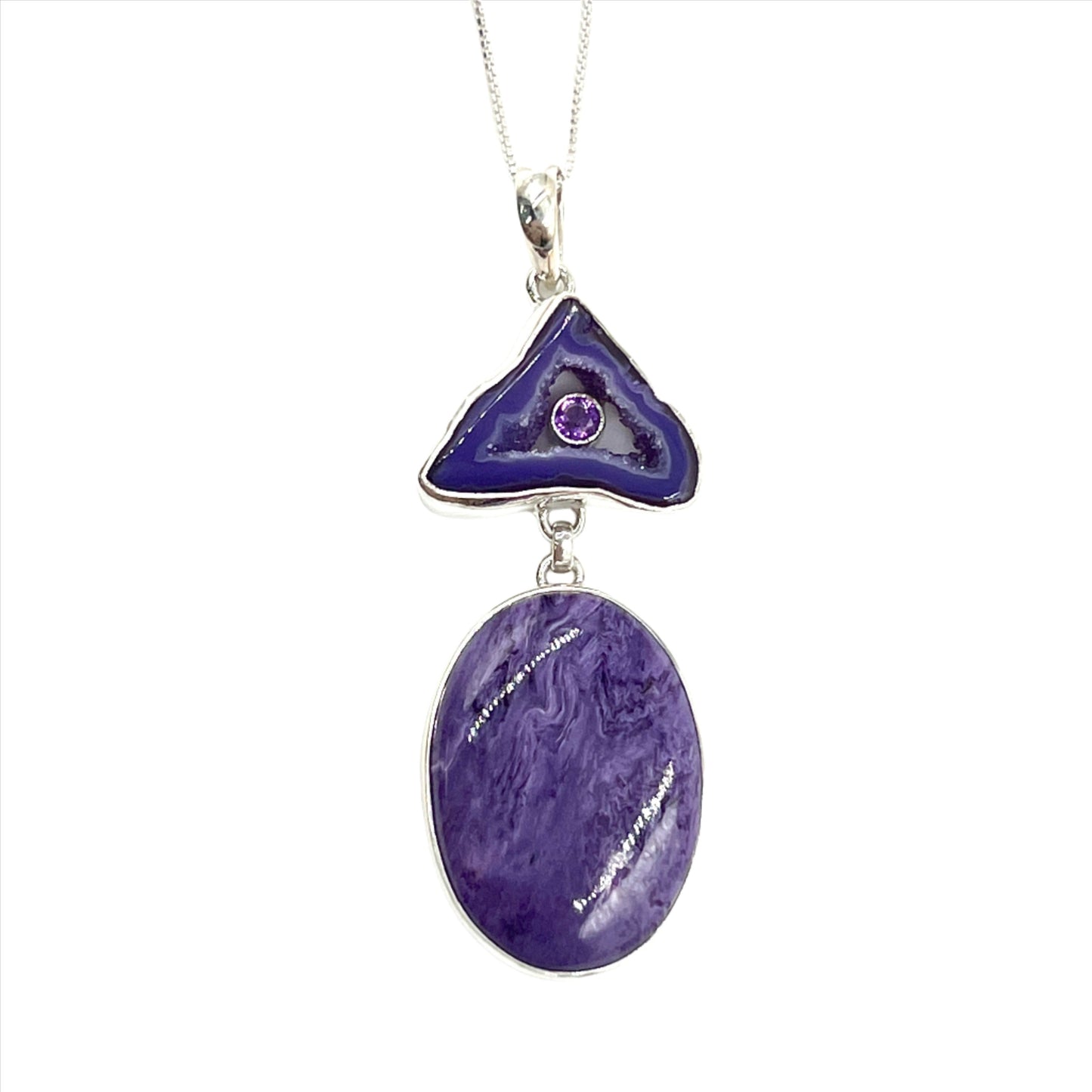 Sterling Silver Charoite & Purple Agate Druzy Necklaces