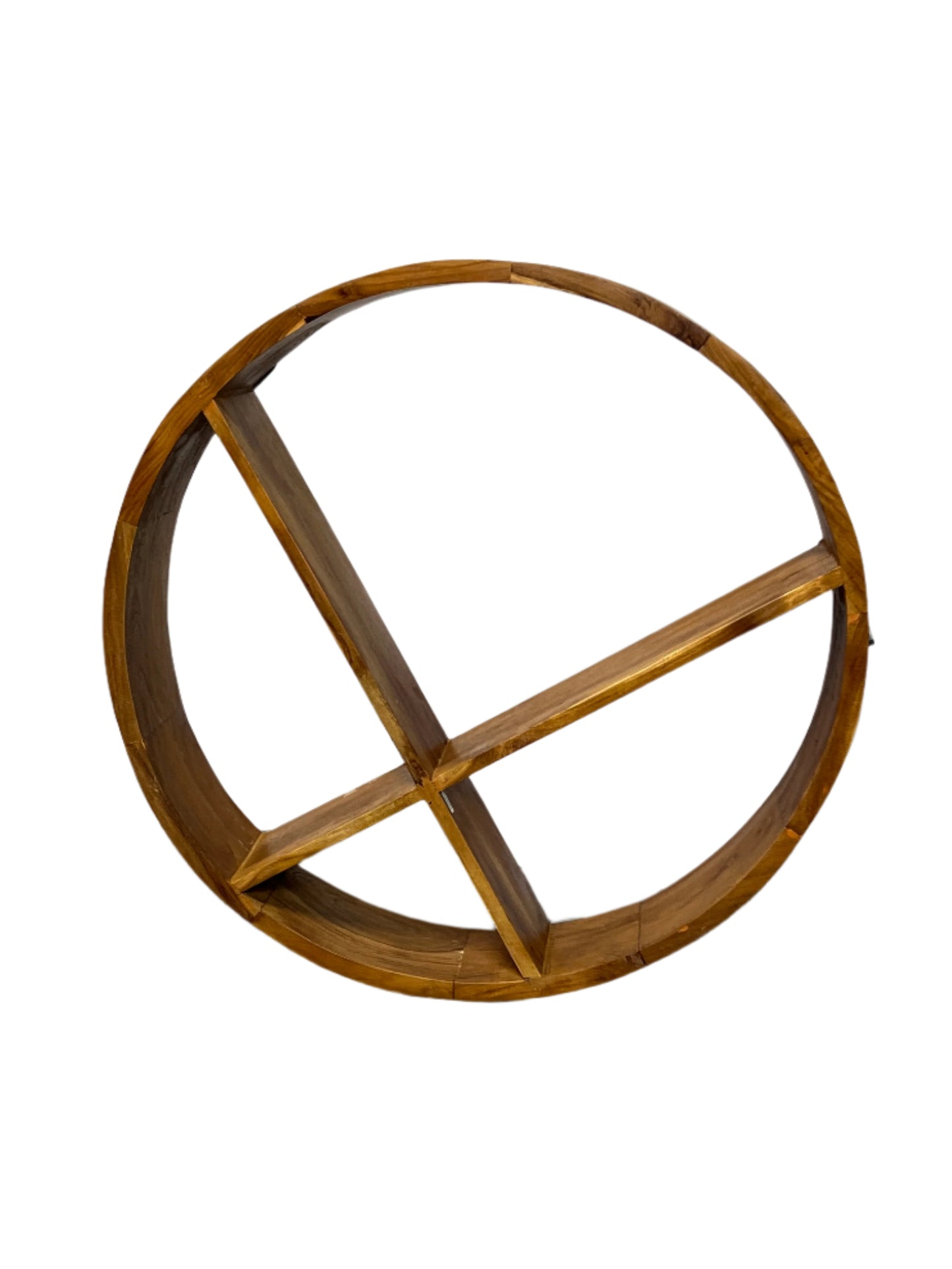 A round teak wood wall shelf with a natural wood finish.
