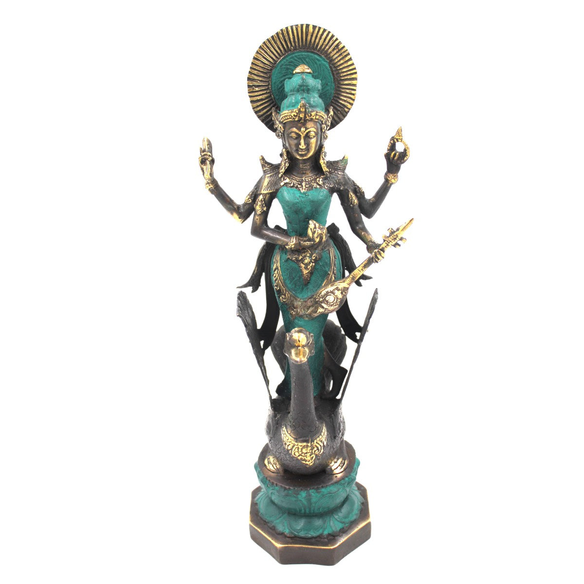 Bronze Saraswati Riding Swan with Verdigris Detail