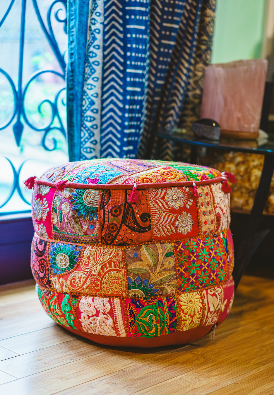 Large Rajasthani Patchwork Fabric Ottoman | 10 Colors