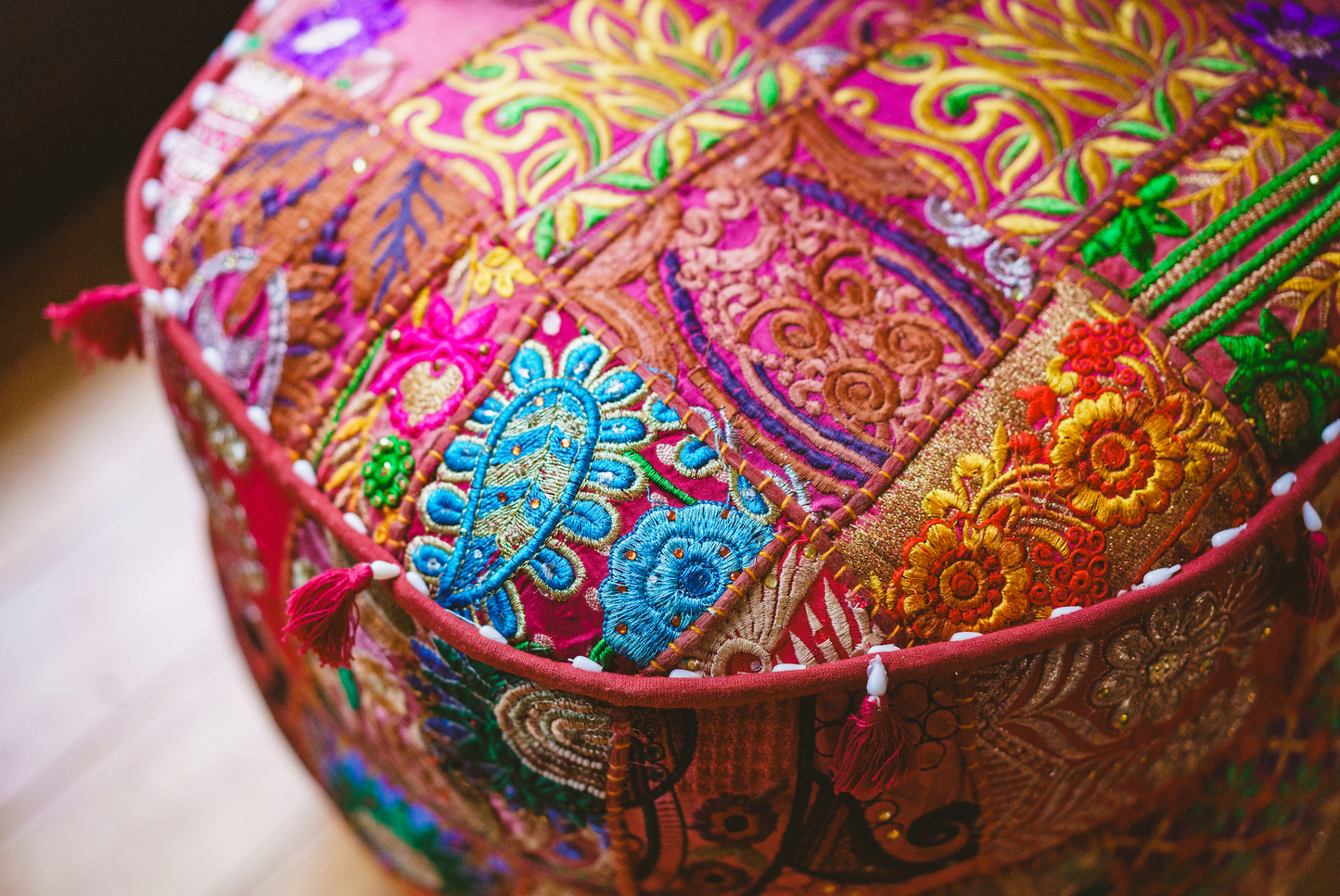 Large Rajasthani Patchwork Fabric Ottoman | 10 Colors