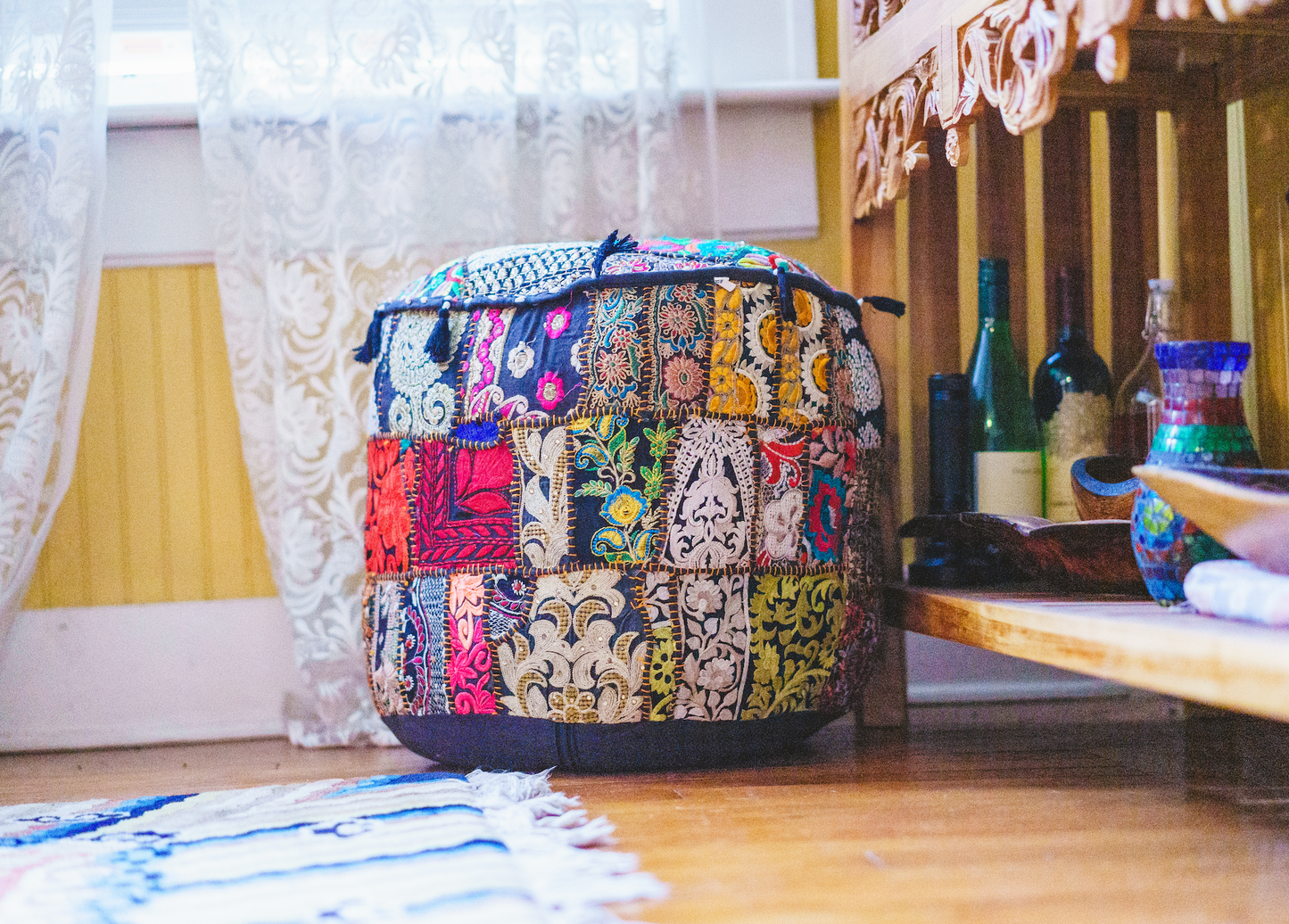 Large Rajasthani Patchwork Fabric Ottoman | 10 Colors