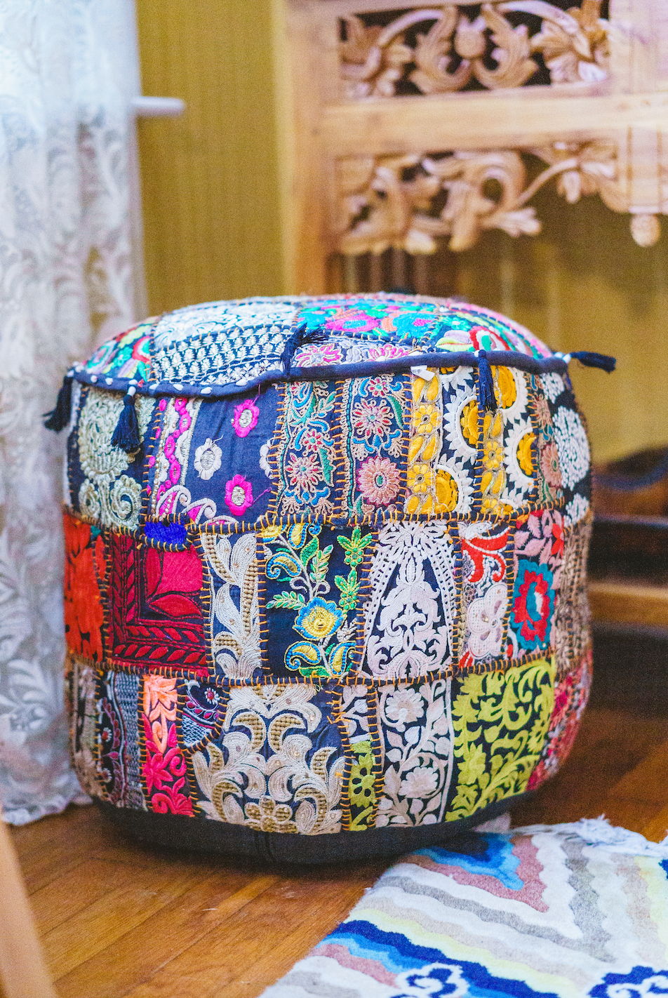Large Rajasthani Patchwork Fabric Ottoman | 10 Colors