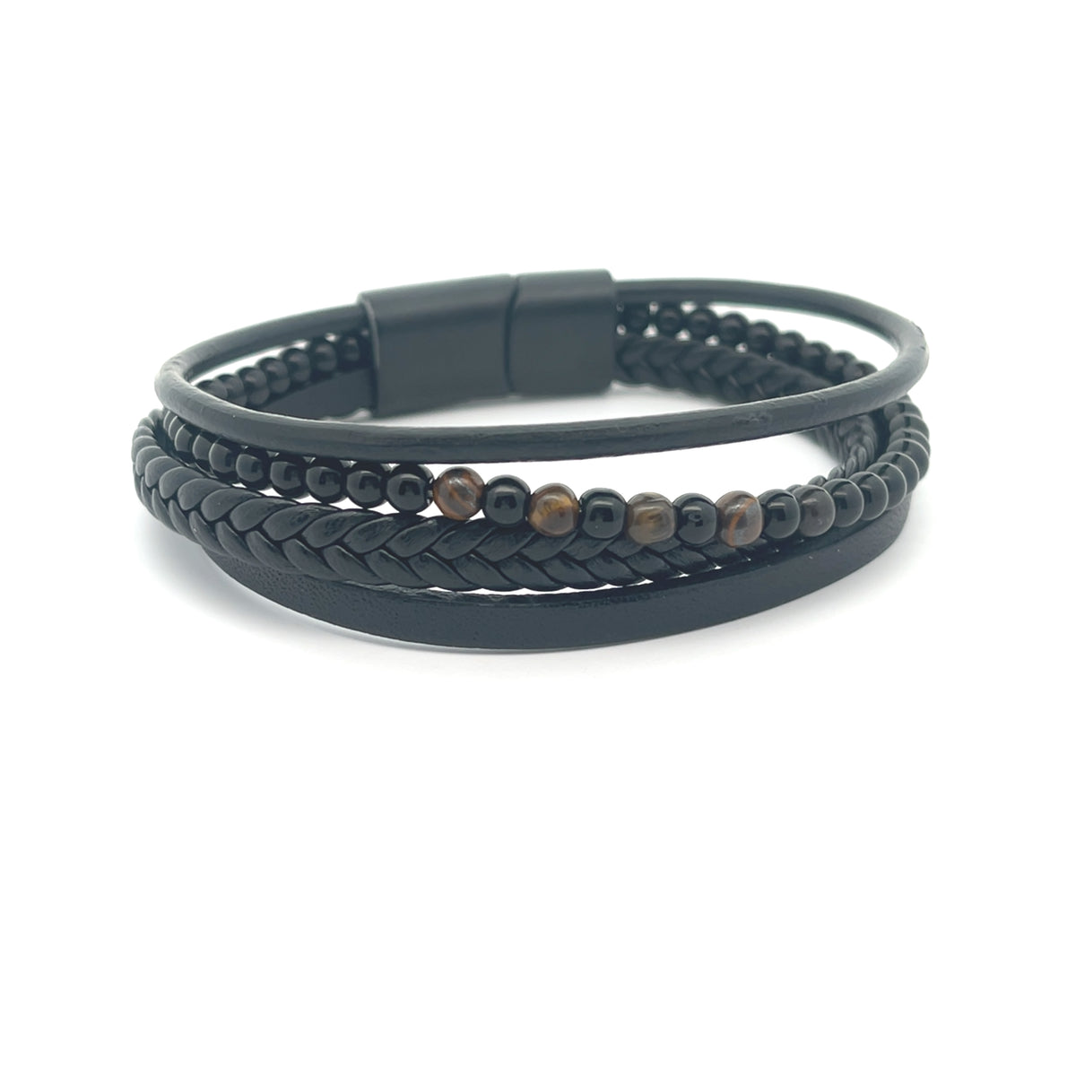 Multi-Strand Braided Leather and Black Onyx Beaded Bracelet