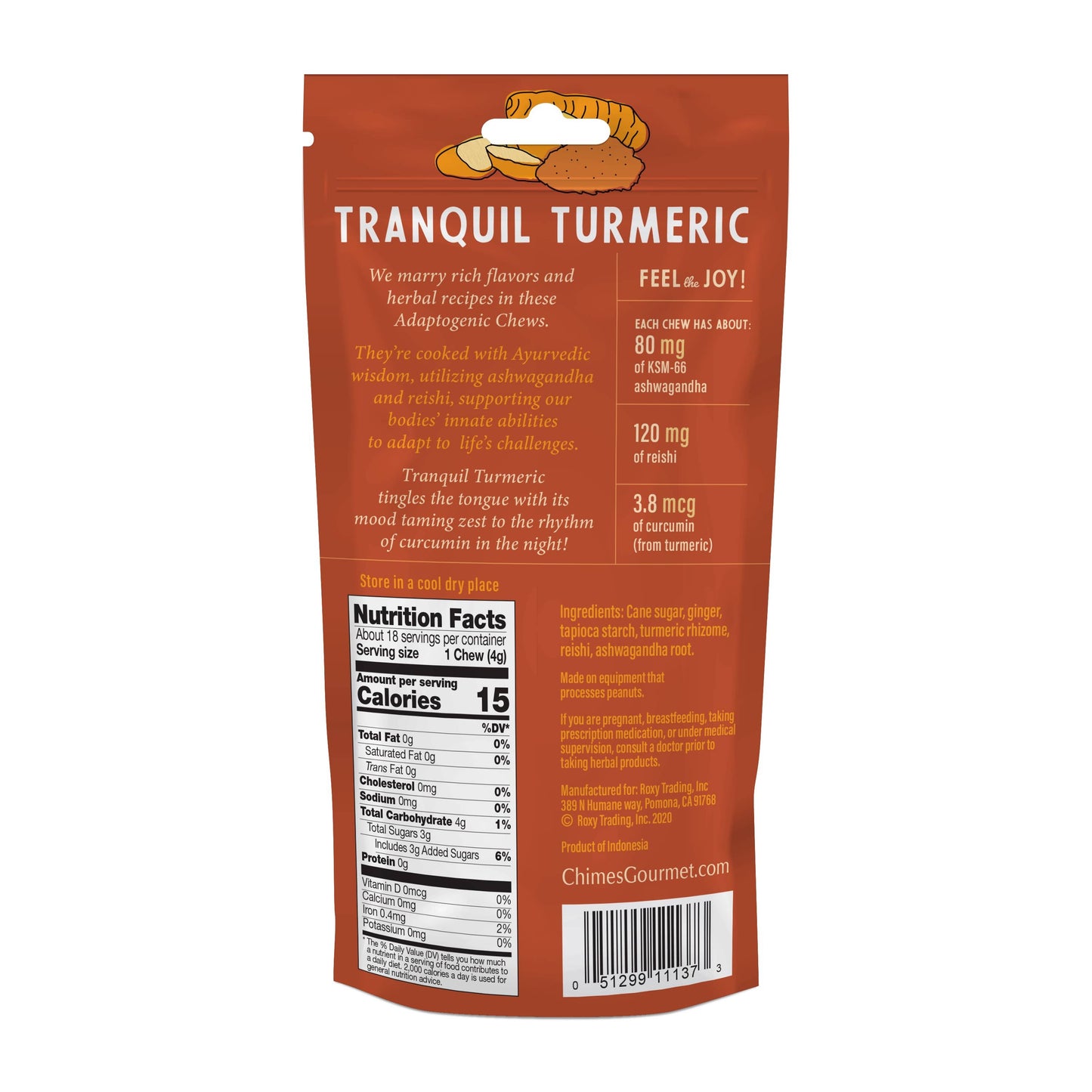 Chimes Tranquil Turmeric Adaptogenic Ginger Chews Candy - 2.5 oz Bag