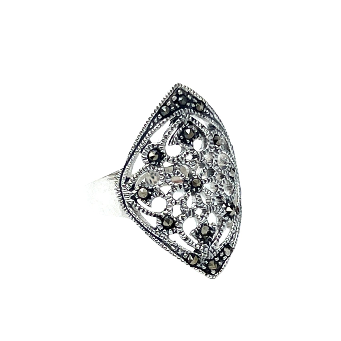 Sterling Silver Marcasite Flower Shield Ring