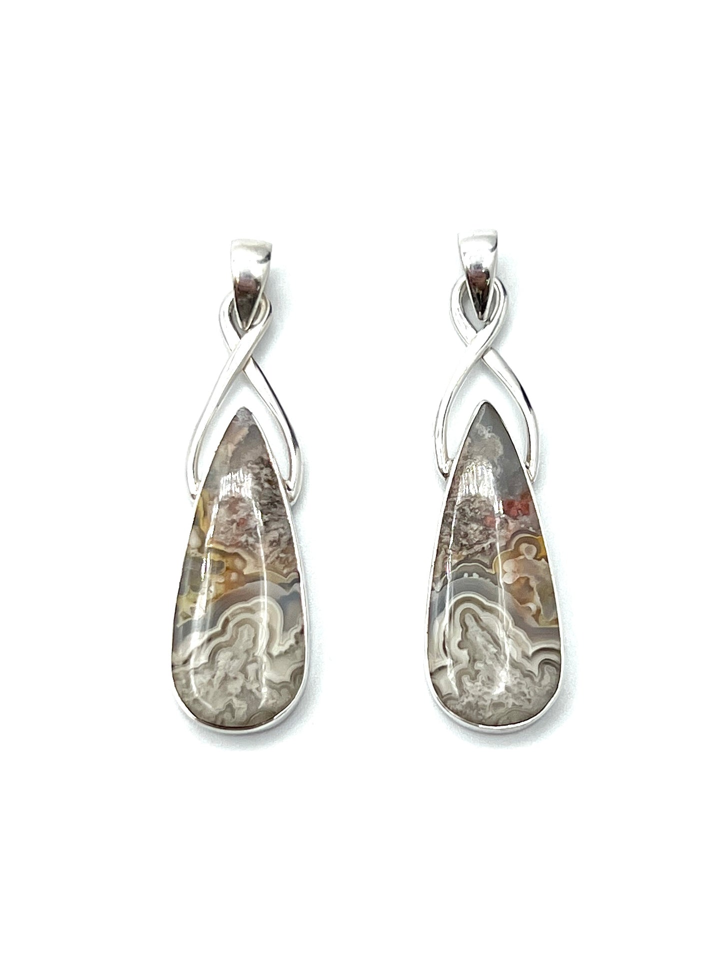 Silver Twist Crazy Lace Agate Pendants