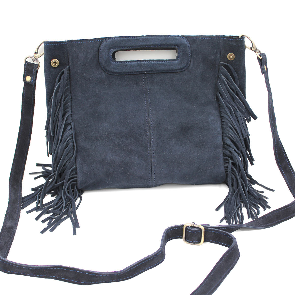 Cut Out Handle Suede Convertible Fringe Bag | Moroccan Leathers