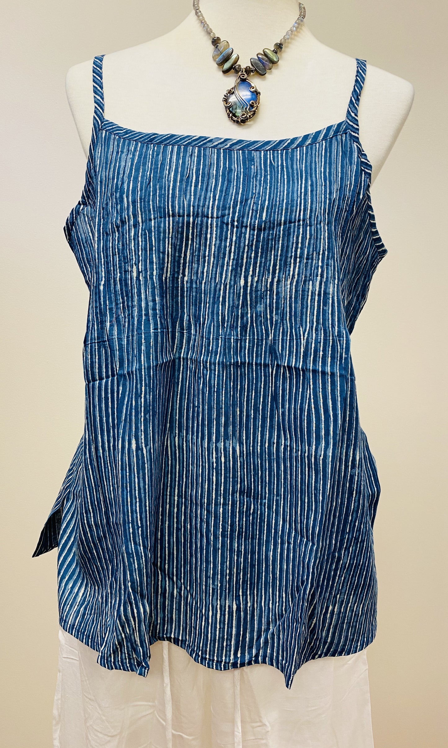 Hand Block Print Indigo Cotton Tank Top with pleated detail on top - 4 Patterns Available