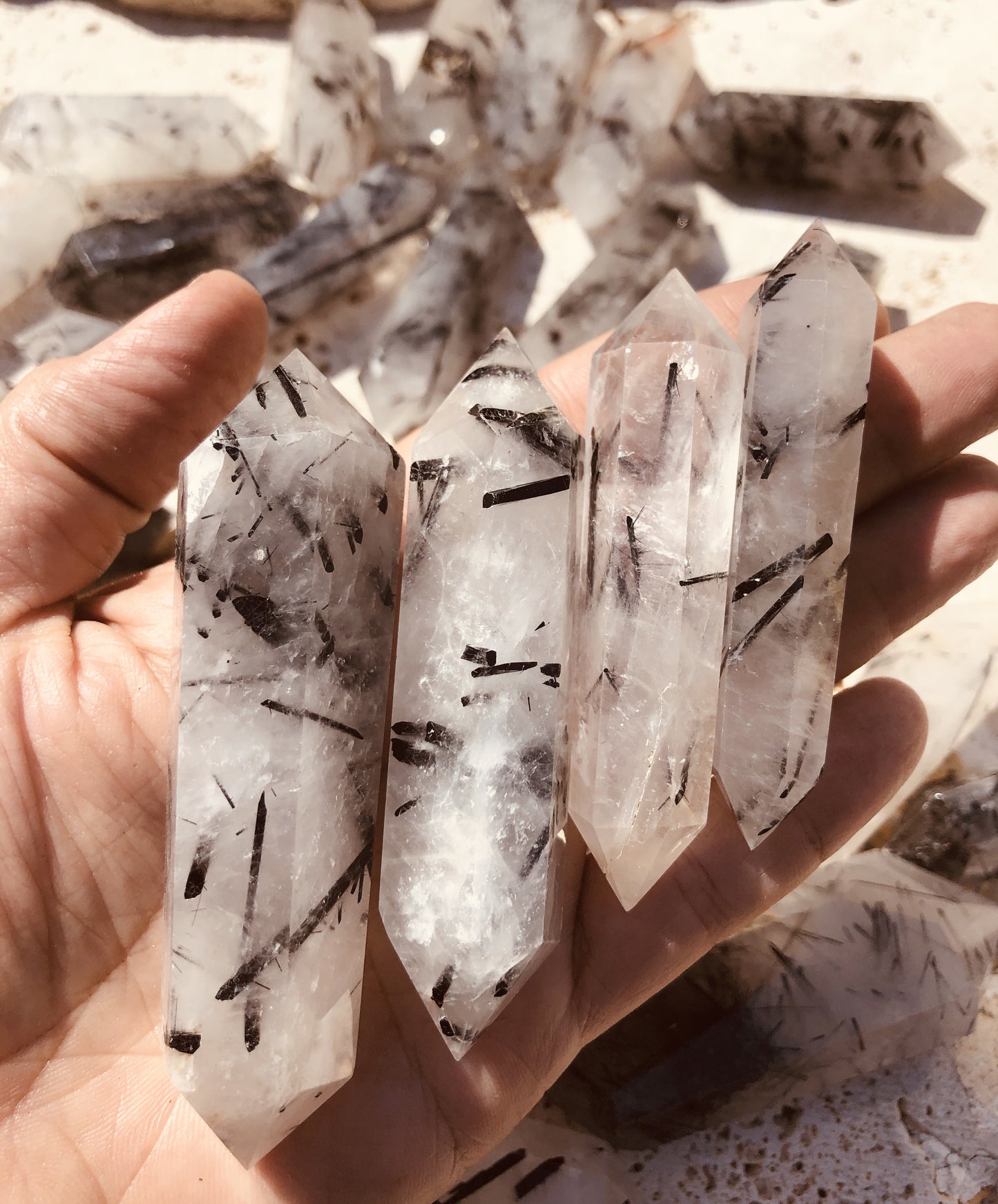 Double terminated Tourmalated Quartz Points