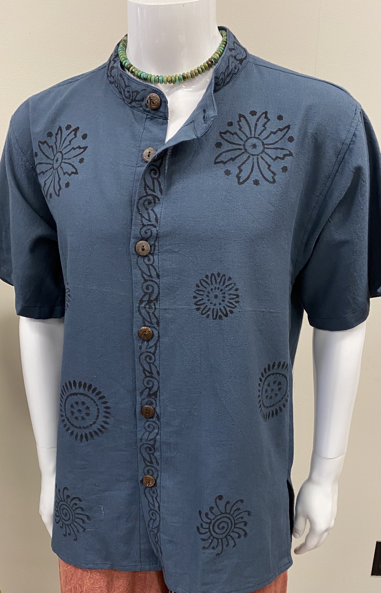 Mens 100% Hemp No Collar Short sleeve Shirts w Hand Block Printing