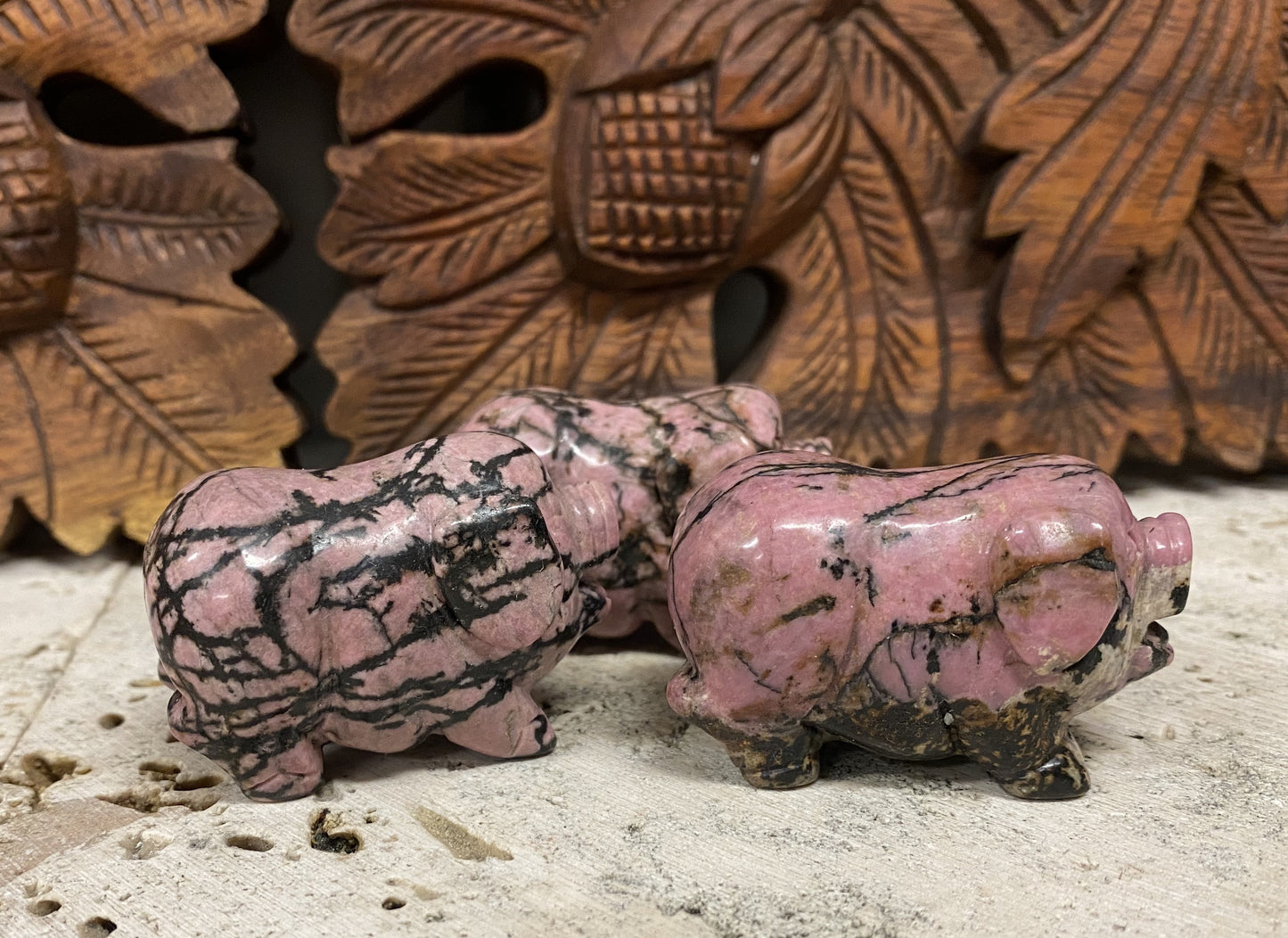 Hand Carved Rhodoite Pigs