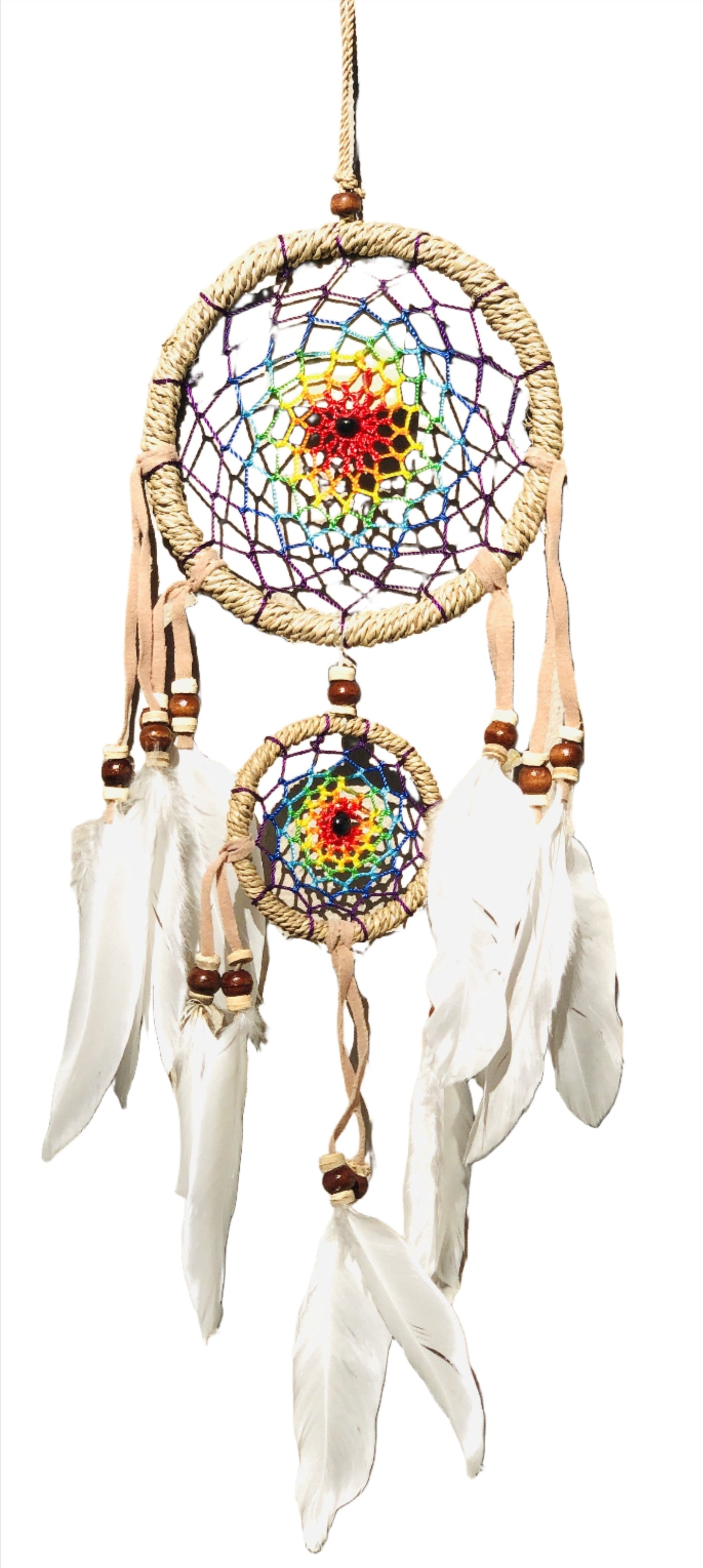Rainbow Center Dream Catcher w/ Swan Feathers & Jute Braided Hoop | 3 Sizes
